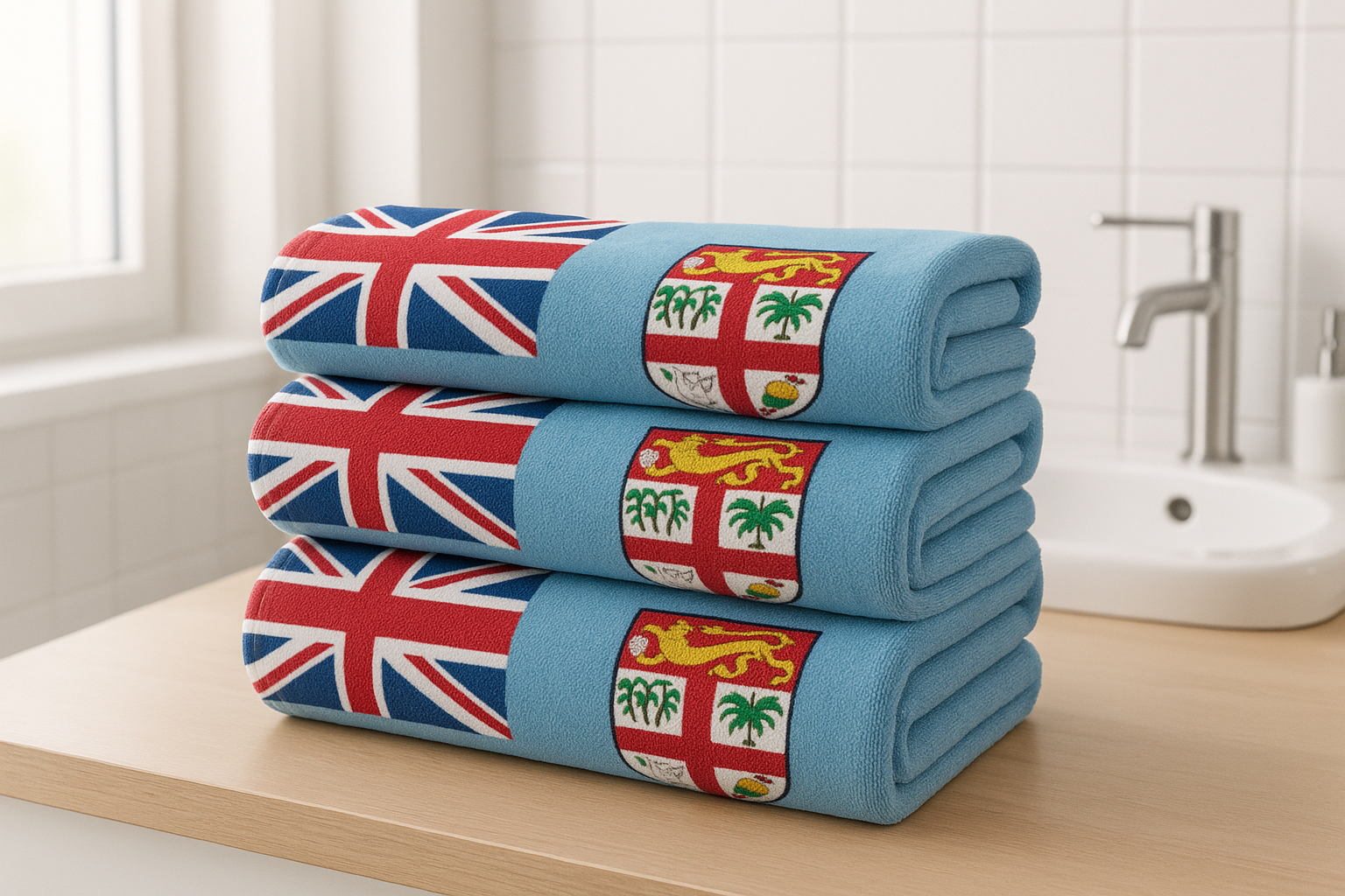 A stack of folded Fiji flag towels in the bathroom